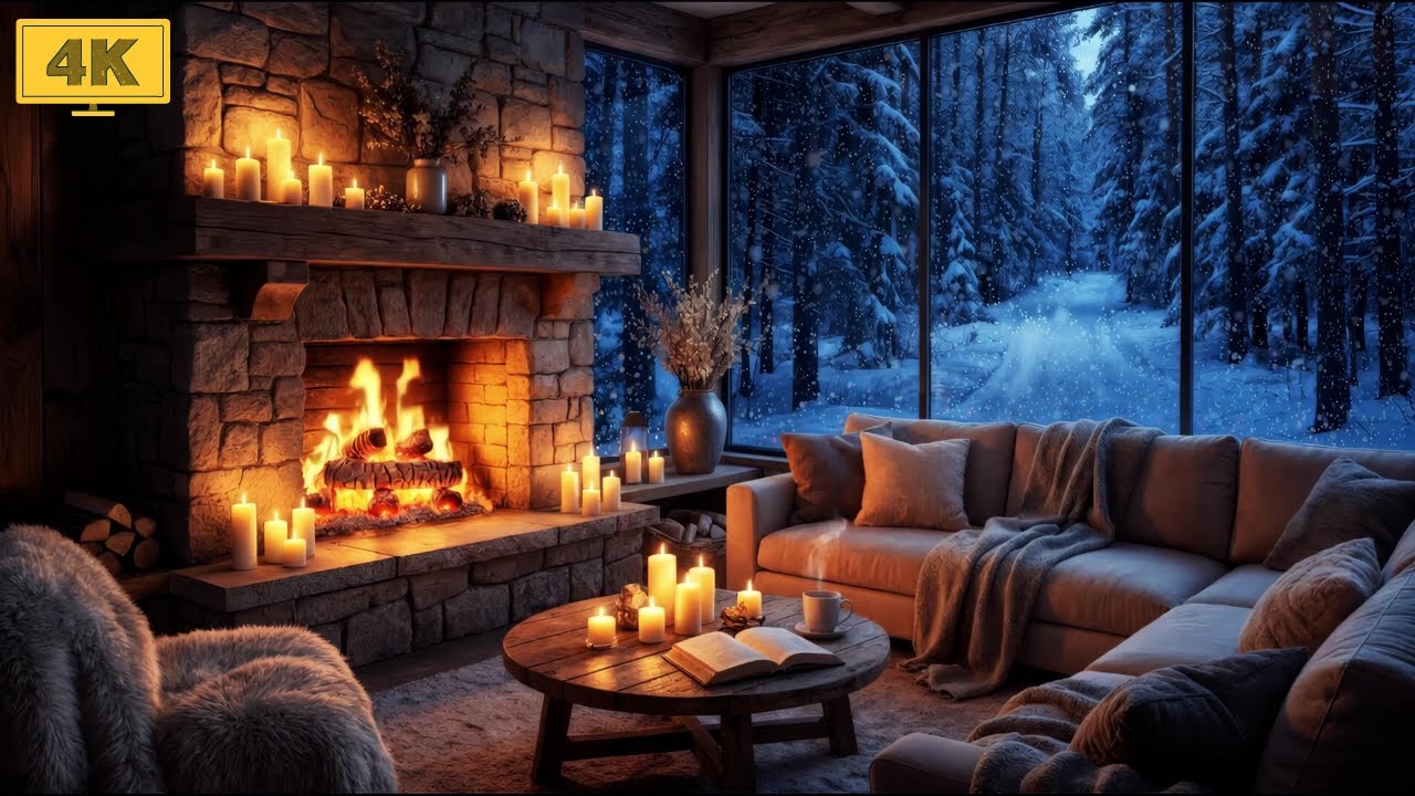 Cozy Snowy Cabin ❄️ Violin Music & Warm Fireplace for Focus & Relax