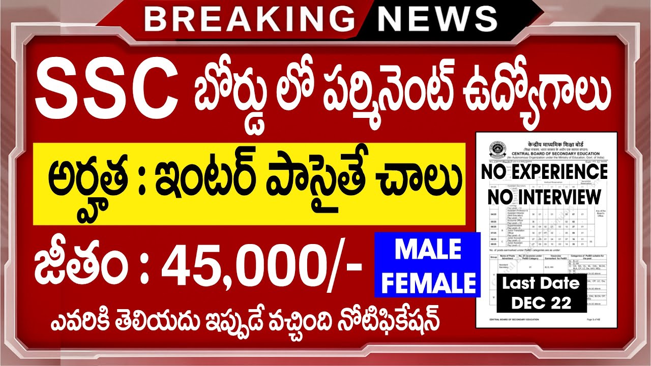 SSC బోర్డులో పర్మినెంట్ ఉద్యోగాలు | CBSE Recruitment 2025 in Telugu | 45,000/- జీతం | CBSE Jobs 2025