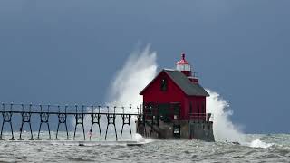 Strong winds create massive waves on Lake Michigan piers and beaches