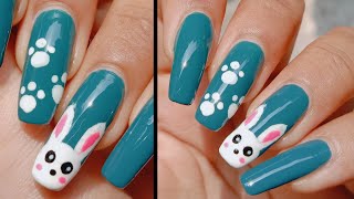 Cute Bunny Nail art on natural nails 😍 | Rabbit nail art designs for beginners