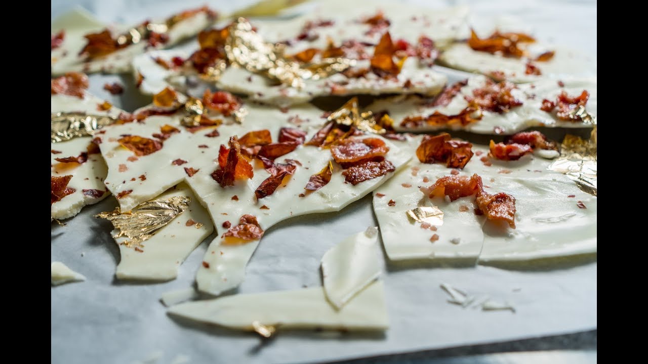 Caramelised Bacon & White Chocolate Bark with Gold Leaf & Roasted