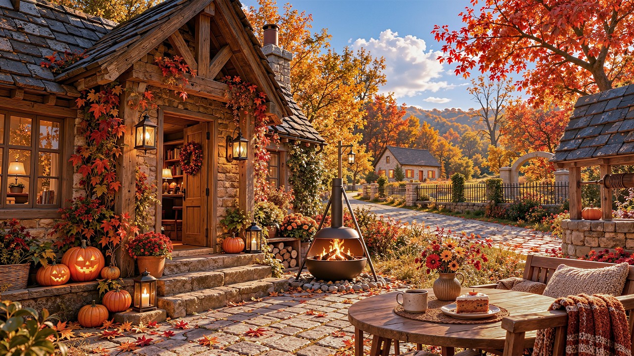 Warm Autumn Courtyard Jazz 🍂 Slow Jazz With Firelight Ambience For Rest & Unwind