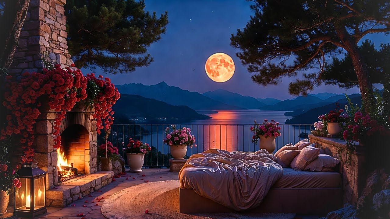 Cozy Fireplace & Moon 🌕 | Deep Sleep & Relaxing Music 24/7
