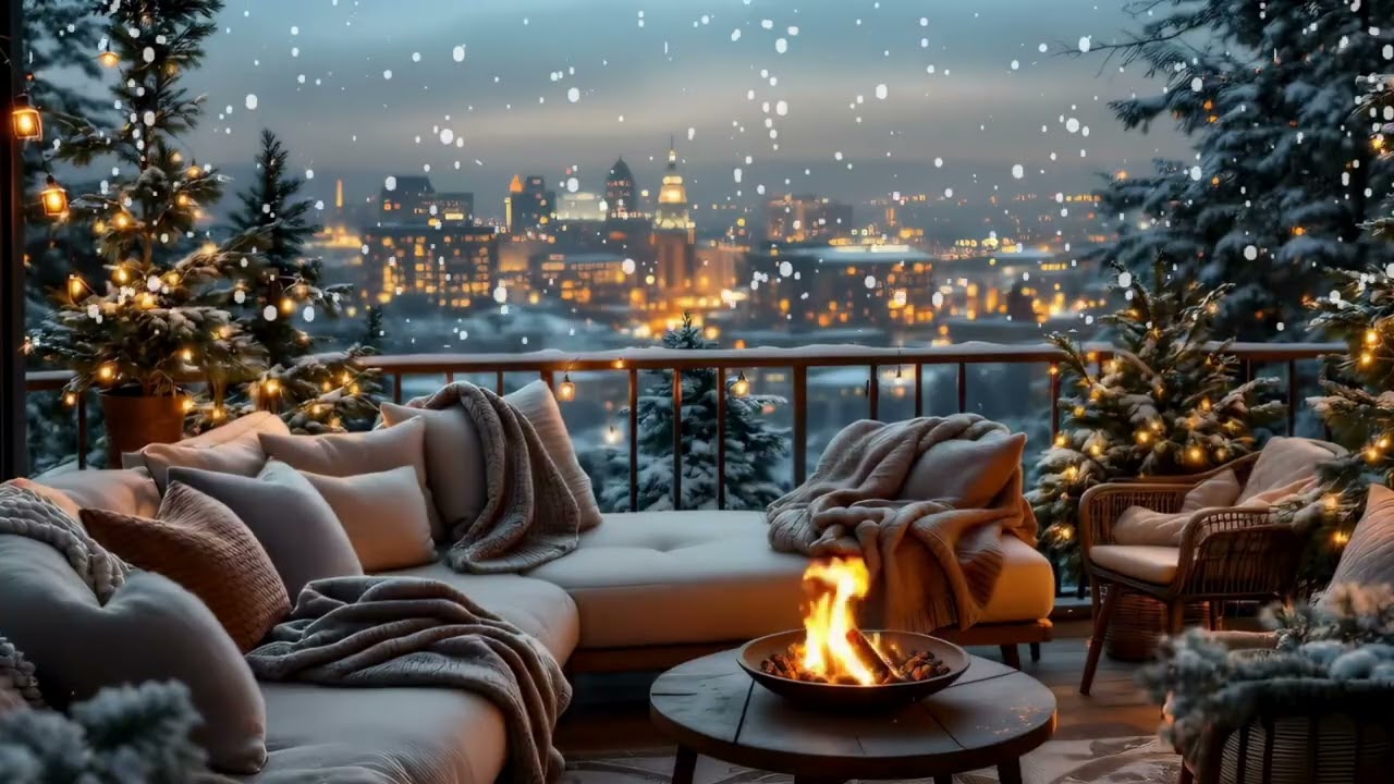 Cozy Winter Balcony Ambience ❄️ Snowfall, Relaxing Piano Jazz & Warm Fireplace Sounds ✨☕