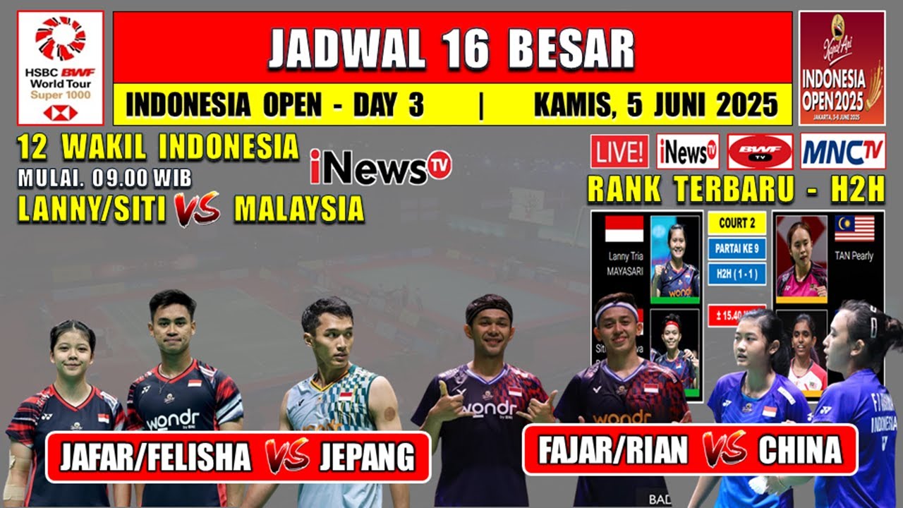 Jadwal 16 Besar Indonesia Open 2025 Hari Ini Live Inews TV ~ LANNY/SITI ...