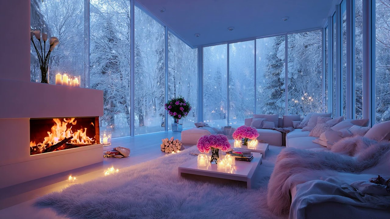 Winter Wind and Fireplace Sounds in a Modern White Living Room Overlooking a Snowy Forest Night