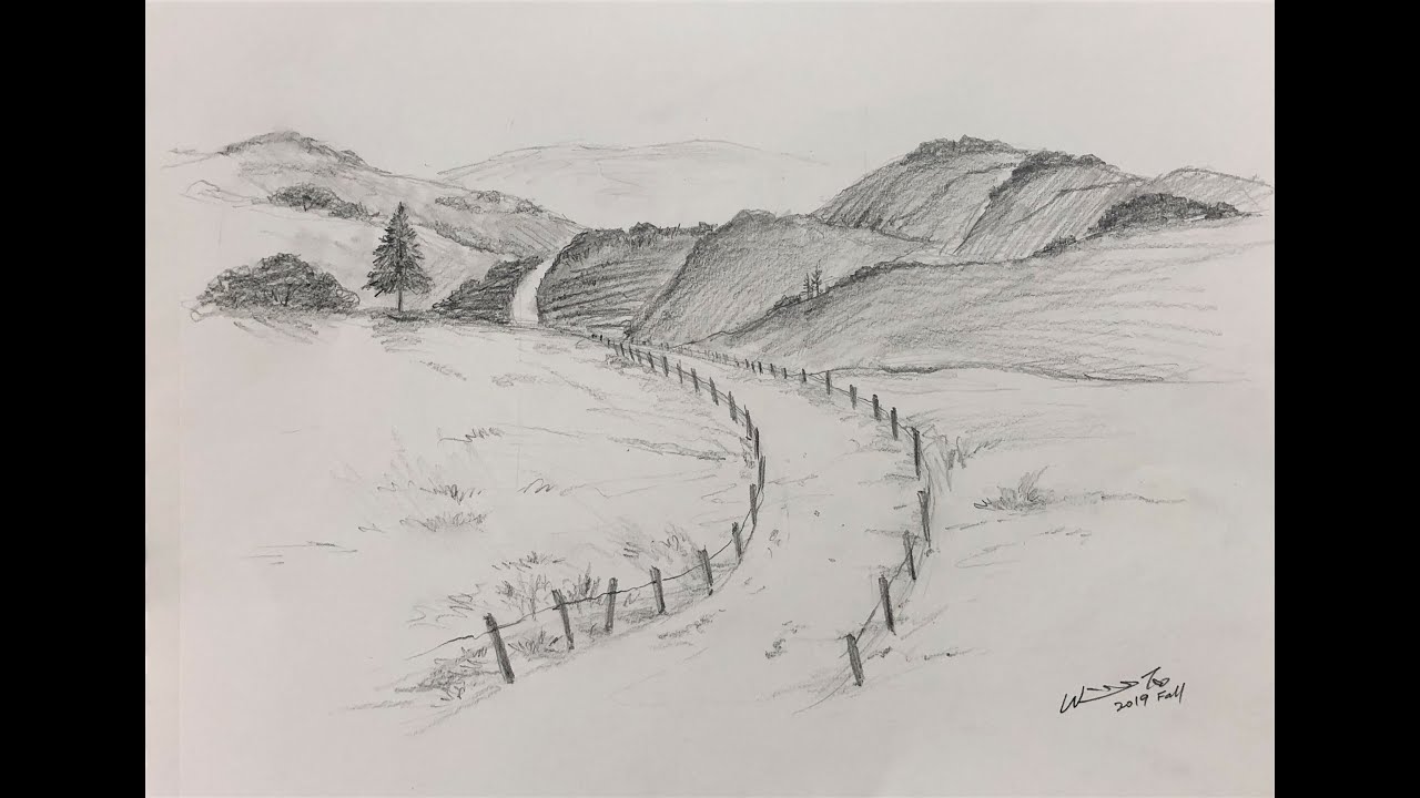 樹和山林鉛筆素描Pencil Drawing-Landscape- Tree and Creating Depth