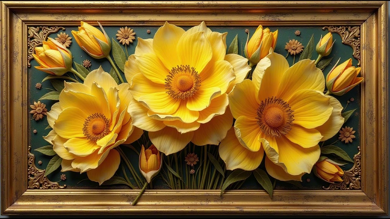 4K Floral Art Screensaver For Your Tv Elegant Yellow Flowers Vintage Gold Framed Wallpaper Samsung