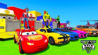 Spiderman Mcqueen And Friends Multi Ramp Challenge ! Superhero Hulk Mack Truck Storm Mater  - Gta V