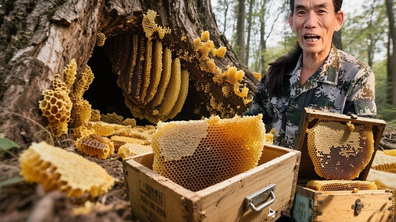 树林里发现一窝野生蜜，没想到蜂蜜太多把阿溜蛰的哇哇叫，换上装备后直接挖出整整一箱蜜！