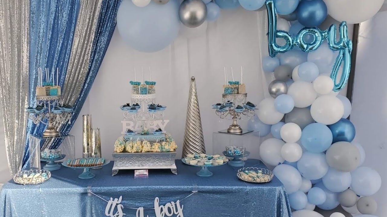 Baby Shower Theme w/Blue, Baby Blue, White & Silver Colors w/Balloon Garland