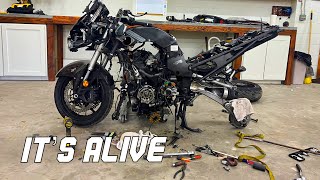 Wrecked bike rebuild ZX14 TWIN (Pt. 4 Engine Installation/Getting it RUNNING)