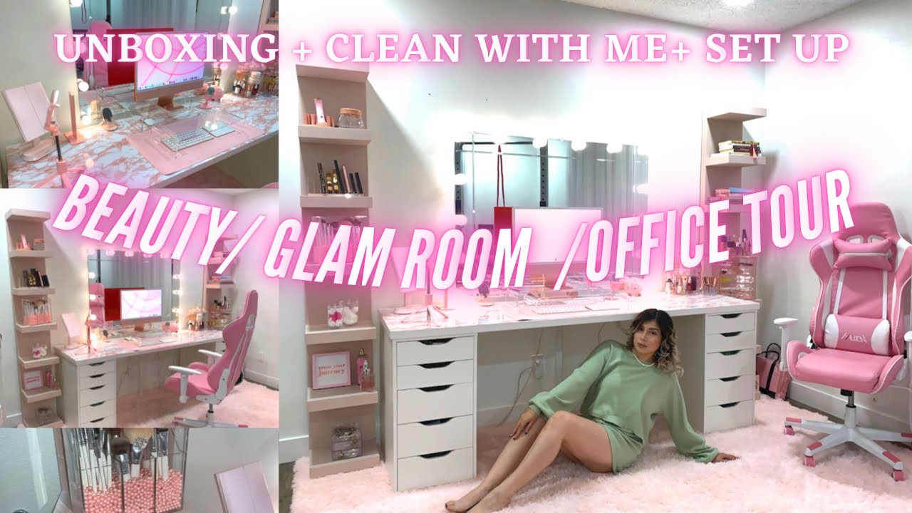 Girly GLAM BEAUTY ROOM/OFFICE SET UP & TOUR NEW ORGANIZERS + CLEAN WITH ME - PINK IMAC & IKEA DESK