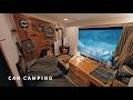 Danger! Blizzard! Car camping in the frozen snowy mountains! A light truck camper with a wood stove