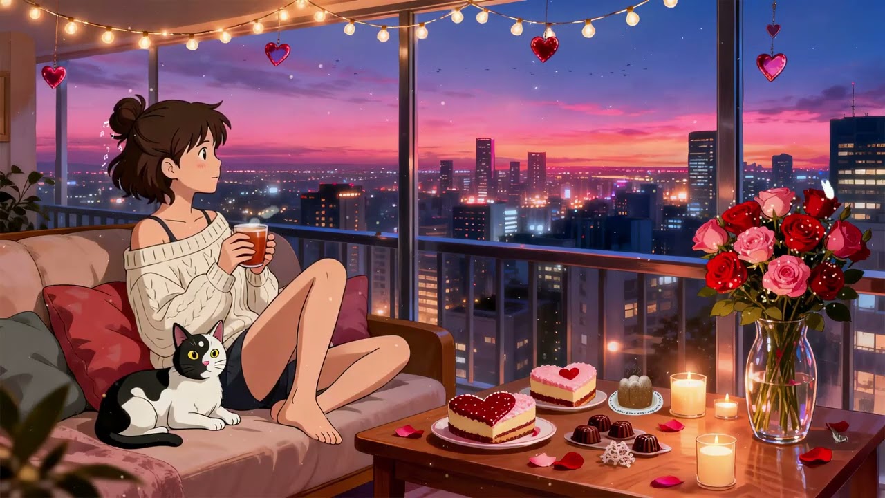 Cherry Chilling at her Valentine Balcony ☕️ Dreamy Lofi Beats for Relaxation 💖 To Melt Your Heart