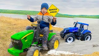Damian and Darius ride on tractor learning the car traffic rules for children