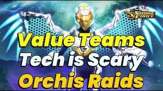 ORCHIS TECH RAIDS! NODES 1 & 2 SCARY! MVP TECH TEAMS VALUE! OMEGA RAID GUIDE | MARVEL Strike Force