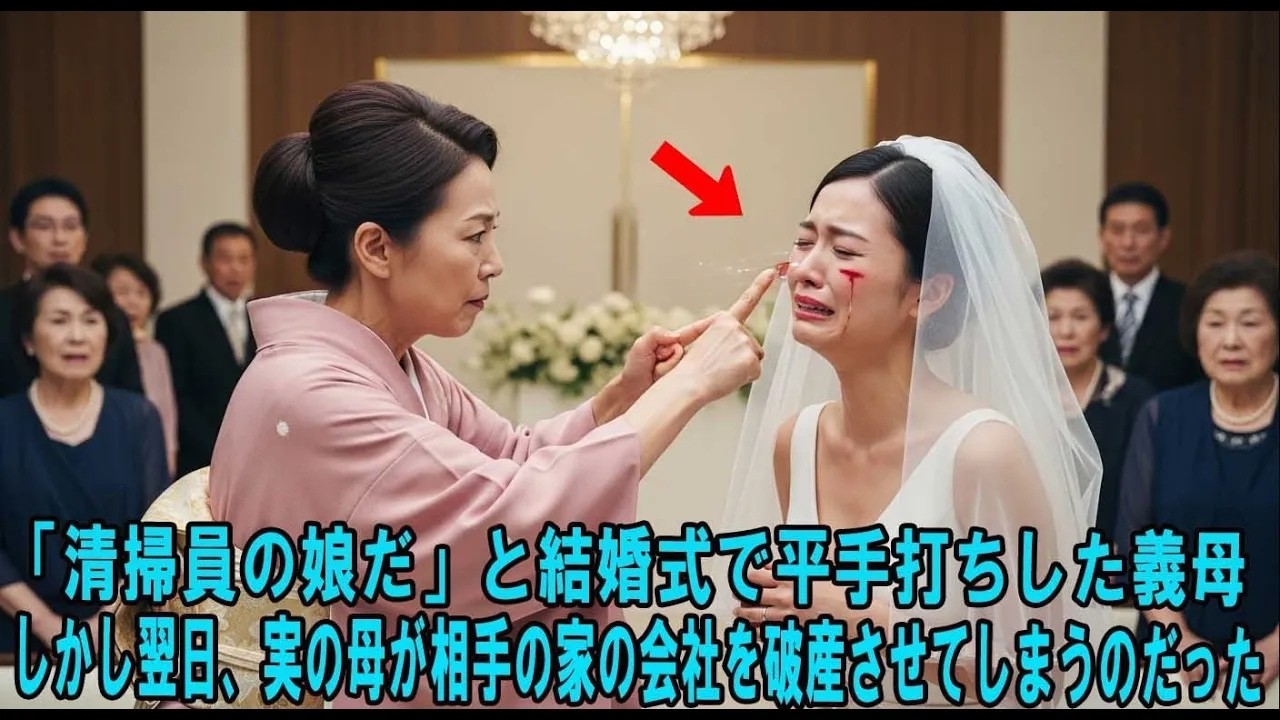 結婚式の最中、義母が私の頬を平手打ちした。「清掃員の娘のくせに、うちの息子と結婚できるだけでもありがたく思いなさい！」と、大勢の招待客の前で。私は涙をこらえて頭を下げた。でも、その瞬間、母の目が変わった。64年間隠してきた秘密を、今こそ解き放つ時が来たと。母はただの清掃員だと思っていた。でも、その夜、母は静かにスマホを取り出し、こう送信した。「全面総力戦を開始する」。私は母の本当の姿を何も知...