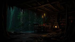 Hiding From Rain And Thunderstorm In Cave Fireplace Sounds  Camping Alone In The Rain Forest
