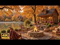 Relaxing Autumn Morning 🍂 Piano Music &amp; Crackling Fireplace Sounds in a Cozy Riverside Cabin
