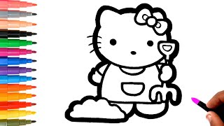 Gardener Hello Kitty Drawing and Coloring for Kids, Toddlers | How to Draw and Color a Hello Kitty