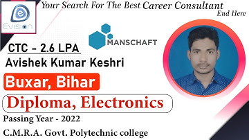Congrats, Avishek | Selected in Manschaft IT | 2.6 LPA | ELECTRONICS ENGINEER, Passing 2022 | Buxar