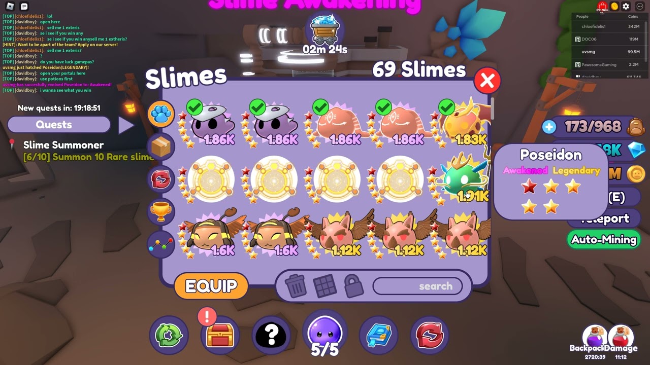 Slime Mine Roblox, Awaken the most powerful Legendary the Poseidon Thanks guys for supporting me !!!