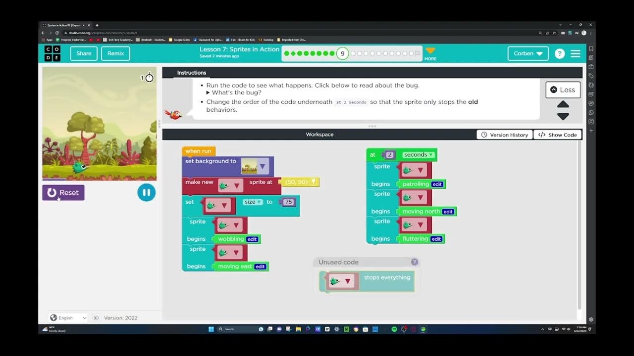 Code.org Lesson 7 Sprites In Action Answers Code.org Express Course 2022 Sprites in Action Lesson 7 Part 1 Upload
