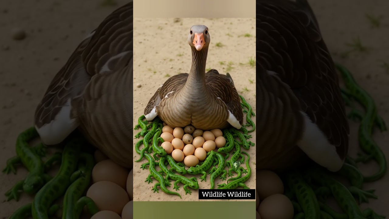 “Mother Goose Protects Her Eggs from Green Salamanders!” 