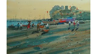 FISHERMAN'S DUTY Watercolor landscape painting demonstration/ How to paint/ BRIGHT BRUSH STUDIO
