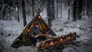 Lavvu in Snowstorm - No Sleeping Bag - Long Fire Nodja - 2 Days Solo Bushcraft Overnight