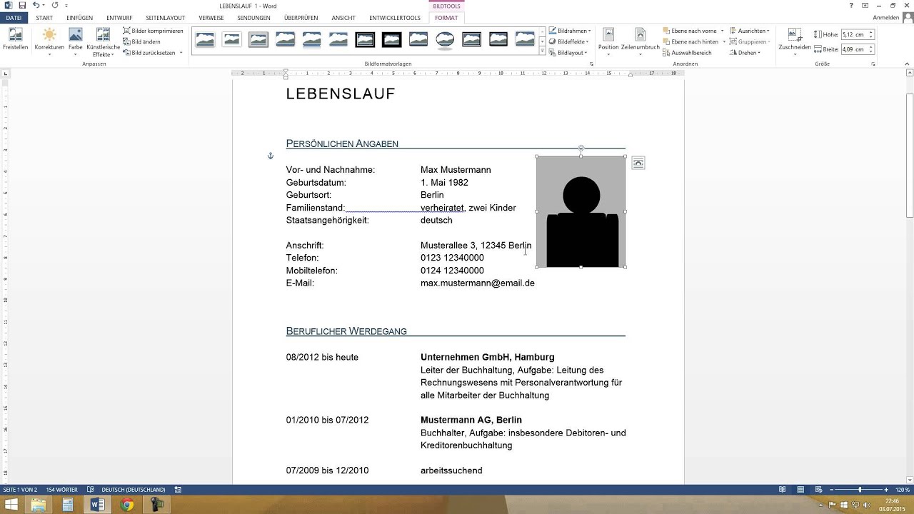 Lebenslauf In Word Erstellen Professioneller Lebenslauf Tabellarisch Tutorial Vorlage Youtube