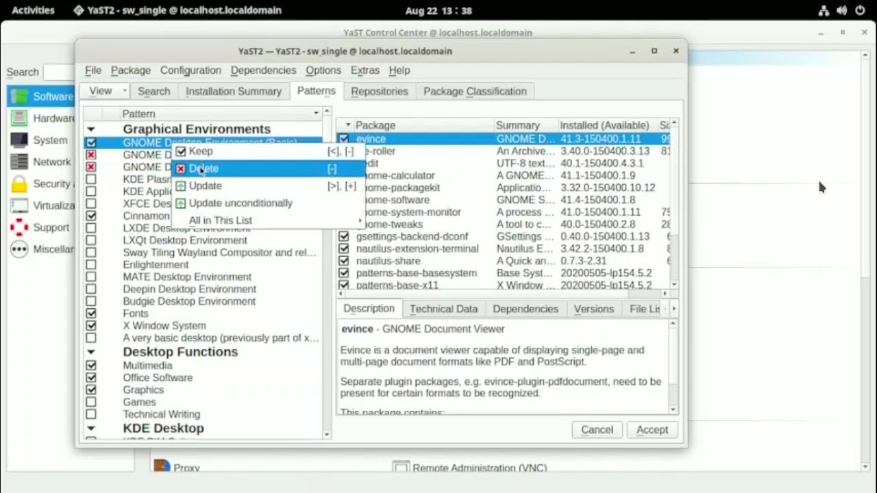 Removal of Gnome Desktop using Yast Software Manager in OpenSuse 15.4