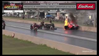A WHEELIE, a FIRE & 2 CRASHES Lights Out 14 E2 Radial VS World #race #racecar