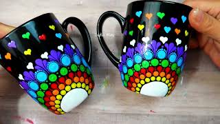 $1 Dot Mandala Rainbow HEART MUG Painting Using ONLY Earbud Toothpick &amp; Pencil | How To Lydia May