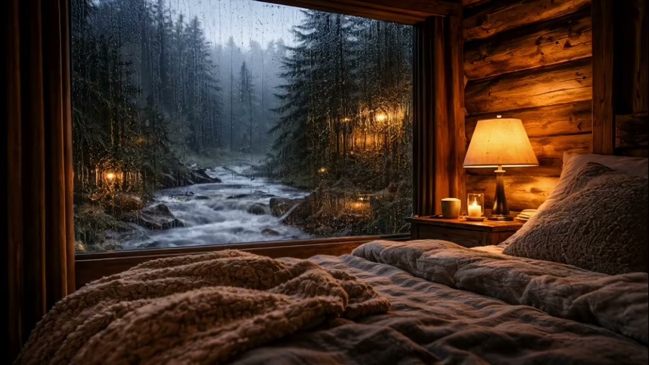Heavy Rain & River Sounds in Forest Cabin 🌧️🌊 | Relaxing Storm Ambience for Deep Sleep