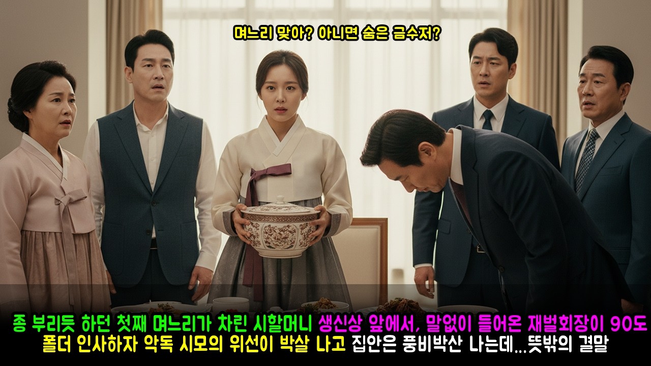 종 부리듯 하던 첫째 며느리가 차린 시할머니 생신상 앞에서, 말없이 들어온 재벌회장이 90도 폴더 인사하자 악독 시모의 위선이 박살 나고 집안은 풍비박산 나는데...뜻밖의 결말