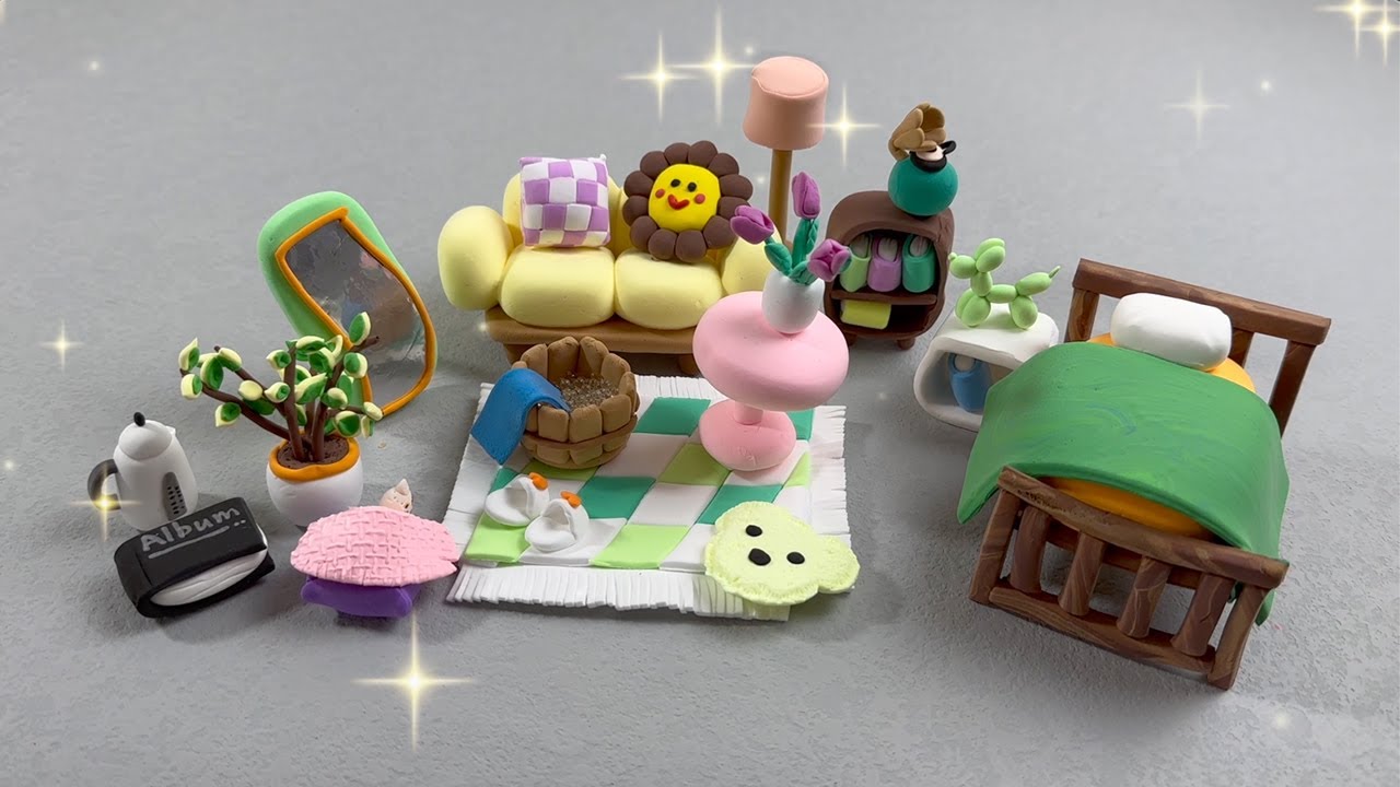 Miniature Polymer Clay Home furniture, sofa, mirror, bed, rug, pet
