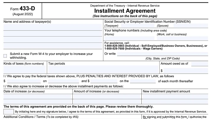 IRS Form 433-D walkthrough (Setting up an Installment Agreement)
