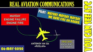 (Real ATC) Antonov AN124 RUSLAN has got an ENGINE FIRE after departure from Anchorage.