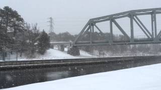 LIRR Montauk Trains #2706/2709 at Shinnecock Canal, Hampton Bays during winter storm - 3/5/15