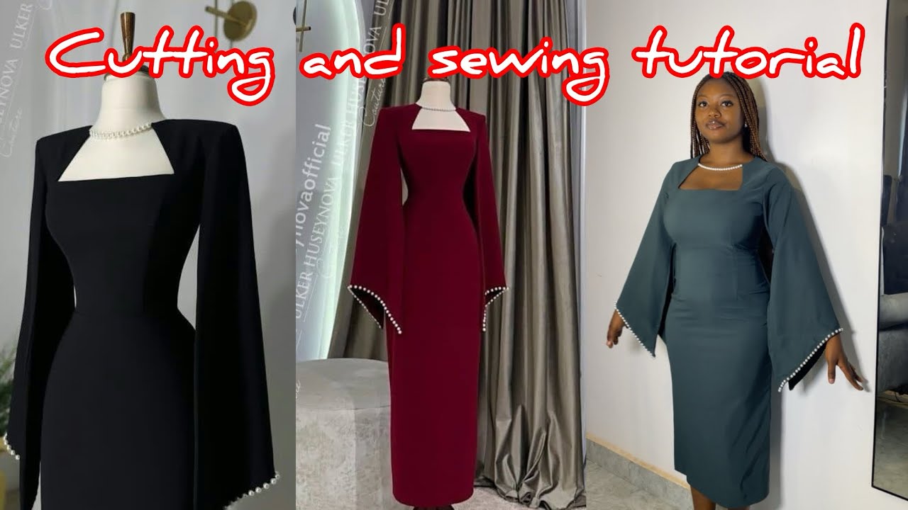 Как сшить стильное корпоративное платье с вырезом, расшитым бисером, и расклешенными рукавами с б...