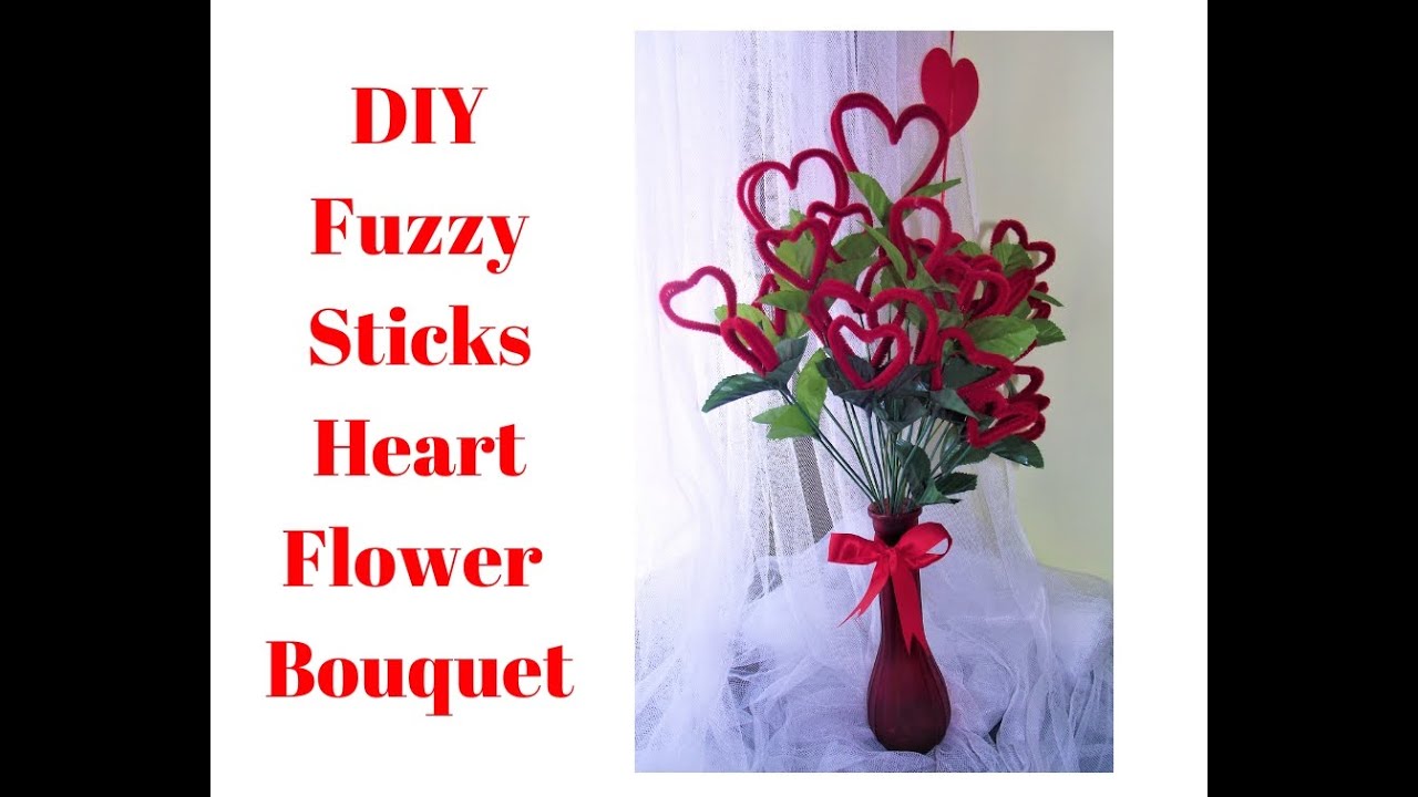 DIY HEART FLOWER BOUQUET MADE FROM PIPE CLEANER FUZZY CHENILLE STICKS /  FUZZY STICKS HEART FLOWER 