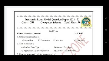 12th Computer Science Quarterly Exam Model Question Paper 2022 - 23
