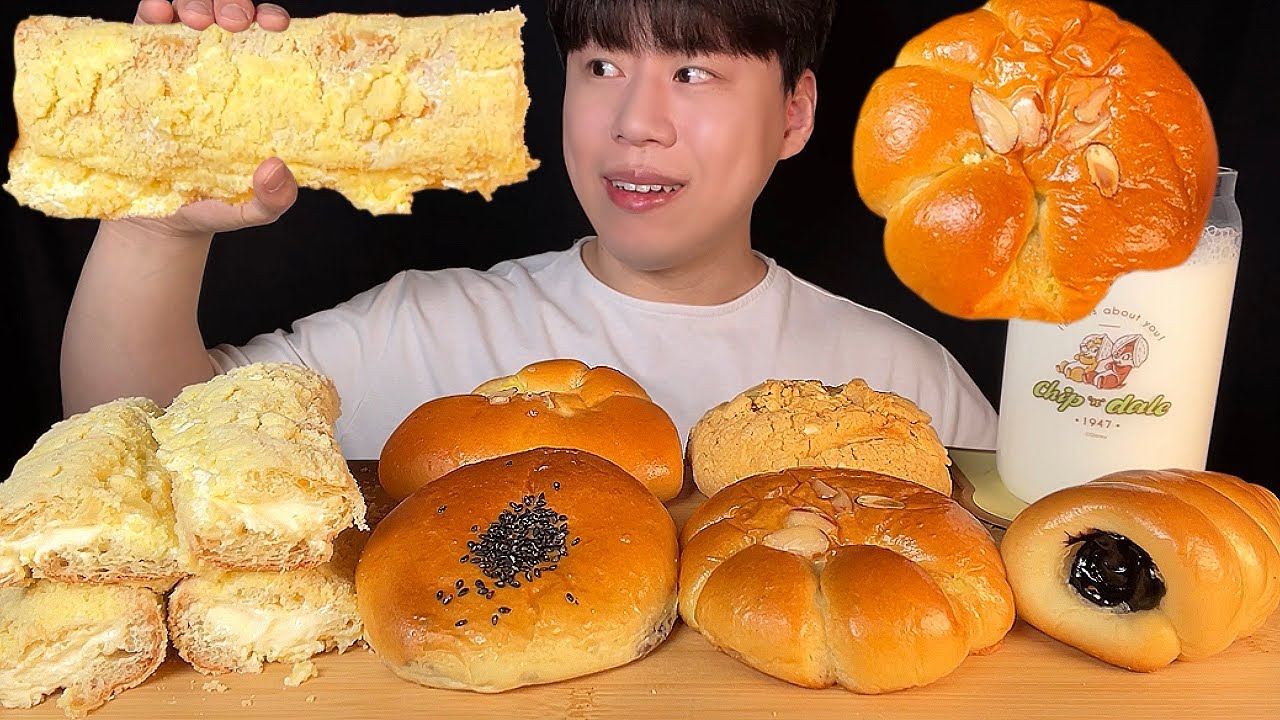 Корейский десерт, хлеб со сливками Кастелла, хлеб из красной фасоли, шоколадный хлеб мукбанг асмр