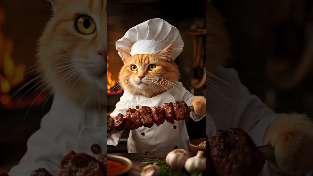 MasterChef Cat Tries Turkish Kebab -The Cutest Chef Ever! #ai #turkishfood #Foodie #chefcat