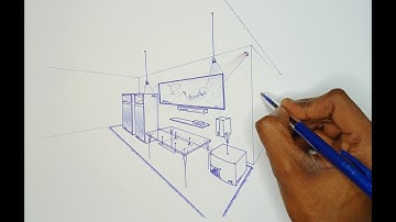How to Draw a TV Room in Two - Point Perspective.
