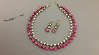 how to make cube beads necklace set/bugle beads jewelry making/beaded necklace with earrings.