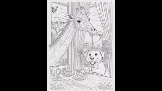 Giraffe Tea Party FAIL!  Funny Coloring Page Animation  for Adults #adultcoloring #funnyanimals