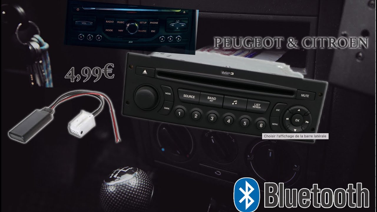 Interface Bluetooth et Auxiliaire pour voiture PEUGEOT connecteur